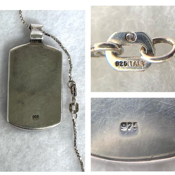 Sterling Silver 925 Dyed Mother Of Pearl MOP Geometric Inlay Pendant Necklace - Picture 9 of 16